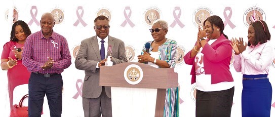 Elizabeth Ohene (middle), Board Chairperson of Social Security and National Insurance Trust (3rd right), launching the 2022 Breast Cancer Awareness Month. With her is Dr Juliana Oyeh Ameh (2nd right), Chief Executive Officer of Trust Hospital Company Limited, Professor Joe Nat Clegg-Lamptey (2nd from left), Professor of Surgery at the University of Ghana Medical School, and Mr Issifu Issah (left), Board Member of the Trust Hospital